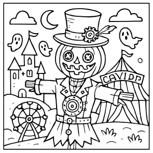 Printable steampunk scarecrow carnival coloring page featuring spooky and creative Halloween designs