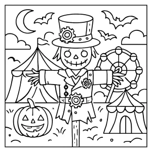 Steampunk scarecrow carnival coloring page with mechanical scarecrow and spooky carnival elements, printable for free