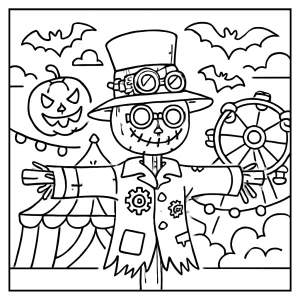 Steampunk scarecrow carnival coloring page with spooky Halloween and fantasy details for kids and adults