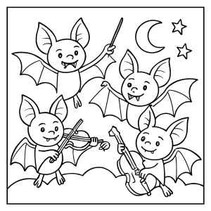 Vampire bat orchestra coloring page with bats playing musical instruments, free printable for kids