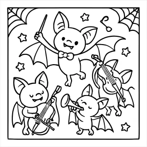 Vampire bat orchestra coloring page featuring cartoon bats playing musical instruments in a spooky Halloween setting.