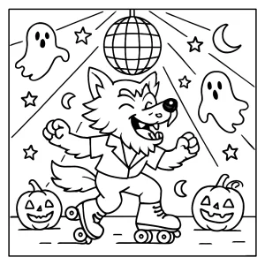 Werewolf roller disco coloring page – free printable activity for kids featuring a spooky werewolf dancing at a disco.