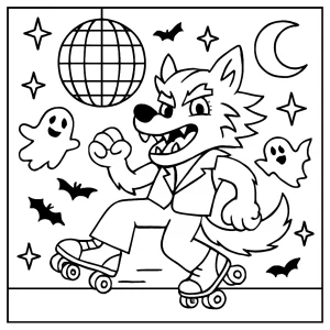 Werewolf roller disco party coloring page featuring a dancing werewolf on rollerskates under a disco ball, free printable for kids