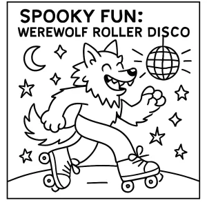 Werewolf roller disco coloring page featuring a funky werewolf on skates under disco lights