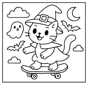 Witch cat skateboard coloring page showing a playful cat in a witch costume riding a skateboard under a moonlit sky