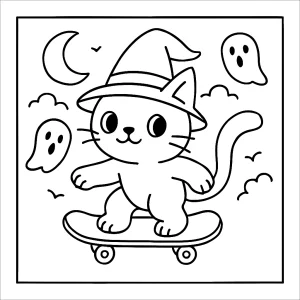 Witch cat on skateboard coloring page for kids – printable Halloween activity