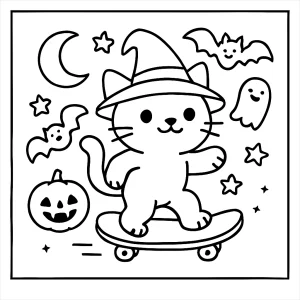 witch cat skateboard coloring page showing a magical cat in a witch hat riding a skateboard for kids to color
