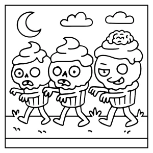 Zombie Cupcake Parade coloring page featuring cute zombie cupcakes marching in a parade, printable for kids
