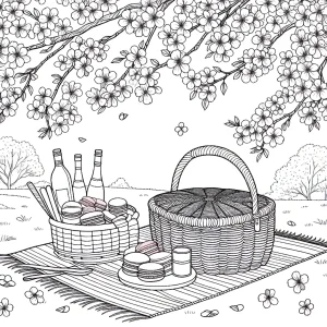 Spring picnic with pastel macarons under cherry blossom trees coloring page