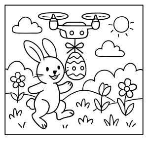 Spring scene bunny drone egg delivery coloring page for kids to print and color