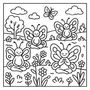 Spring butterfly yoga retreat coloring page for kids with butterflies doing yoga poses among blooming flowers