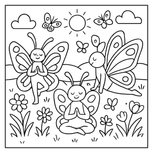 Spring butterfly yoga retreat coloring page with butterflies doing yoga poses in a flower-filled meadow