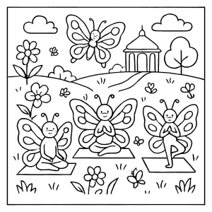 Spring butterfly yoga retreat coloring page with butterflies in yoga poses among flowers for kids to color