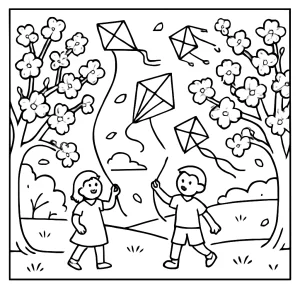Cherry blossom kite festival coloring page showing kites flying over blooming trees in spring