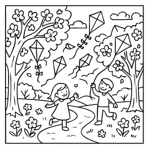 Printable cherry blossom kite festival coloring page showing families flying kites beneath blossoming trees