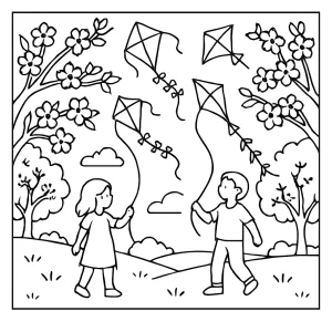 Cherry Blossom Kite Festival coloring page with kites, trees, and families enjoying spring