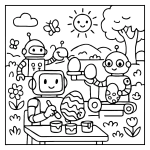 Egg-Painting Robot Workshop coloring page showing robots painting eggs in a spring workshop scene
