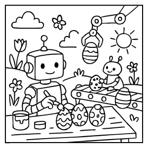 Egg-painting robot workshop coloring page for free download and printing