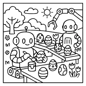 Egg-Painting Robot Workshop coloring page with robots painting eggs in a spring-themed workshop, printable for kids