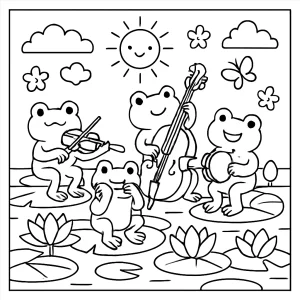Frog orchestra at lotus pond coloring page for kids to print and color
