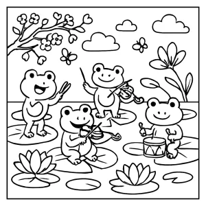 Frog orchestra at lotus pond coloring page showing frogs with instruments among blooming lotus flowers, free printable for kids