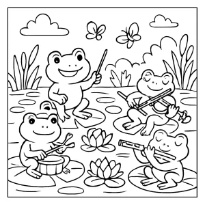 Frog orchestra at spring lotus pond coloring page with musical frogs, lotus flowers, and lily pads to print and color.
