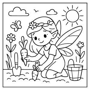Gardening fairy planting carrots coloring page with a magical spring garden scene for kids to print and color.