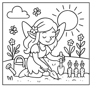 Gardening fairy planting carrots coloring page for free, printable spring scene for kids
