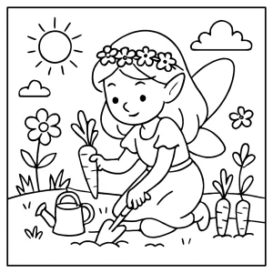 Gardening fairy planting carrots coloring page for kids to print and color