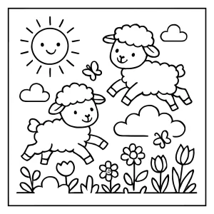 Lamb cloud hopping spring scene coloring page with playful lambs jumping on clouds, free printable for kids