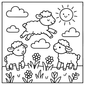 Spring lambs cloud hopping game coloring page for kids, printable free activity with sheep, clouds, and spring landscape.
