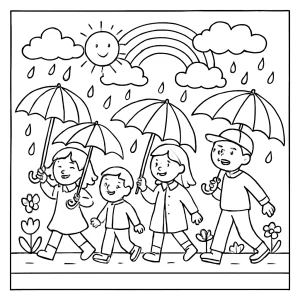Spring rainbow umbrella parade coloring page for kids to print and color for free