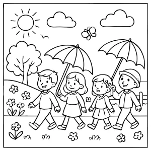 Spring rainbow umbrella parade coloring page with children holding colorful umbrellas and flowers in a joyful springtime scene