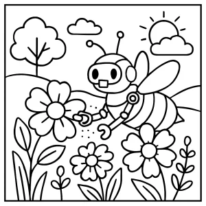Spring scene robot bee pollination coloring page with flowers, free printable