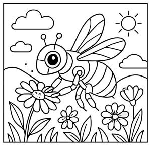 Robot bee pollinating flowers spring scene coloring page for kids to print and color