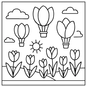 Spring tulip hot air balloons coloring page with printable spring flowers and balloons for kids
