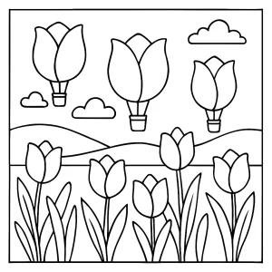 Spring tulip hot air balloons coloring page with blooming fields, free printable activity for kids