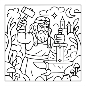 Starforged Swordsmith in Enchanted Realm coloring page featuring a magical swordsmith crafting blades under stars