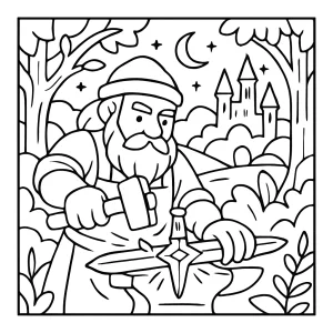 Starforged Swordsmith in Enchanted Realm coloring page featuring a magical blacksmith with glowing swords and mystical scenery