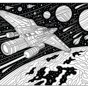 Starship spacecraft flying above the Earth with stars in the background