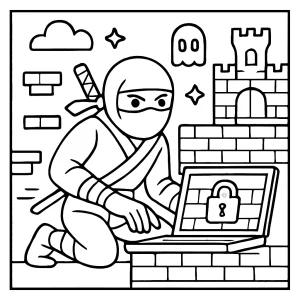 Ninja coder hacking digital fortress in retro arcade world coloring page