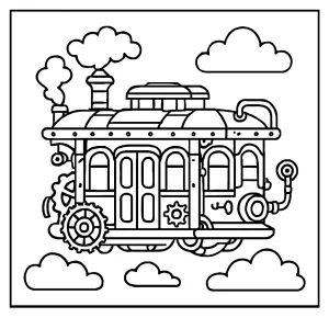 Steampunk hover tram coloring page with gears and pipes, free printable