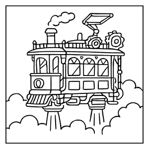 Steampunk hover tram coloring page featuring gears, pipes, and a futuristic tram design for kids and adults to print and color.