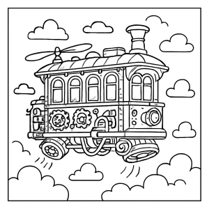 Steampunk hover tram coloring page for free printable coloring fun featuring a futuristic tram with gears and steam details.