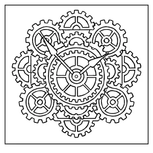 Steampunk gear mandala coloring page with interlocking cogs and clock hands, free printable