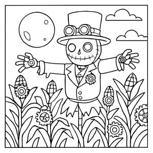 Steampunk scarecrow guarding a clockwork cornfield under a full moon coloring page