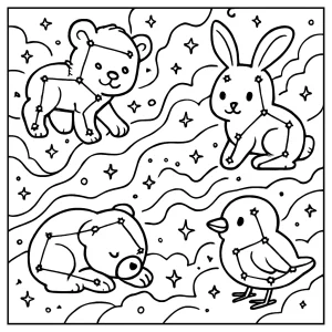 Stellar nursery nebulas forming baby animal constellations coloring page