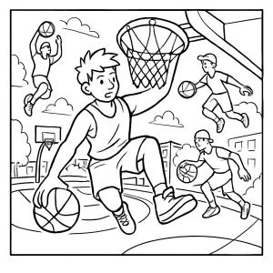 Street basketball trick shots coloring page with players performing dynamic moves in a city scene, printable activity for kids