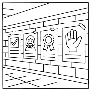 Student council election posters hanging in a school hallway coloring page for kids