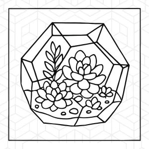 Geometric succulent terrarium coloring page featuring repeating glass frames and plants, free printable for kids and adults.